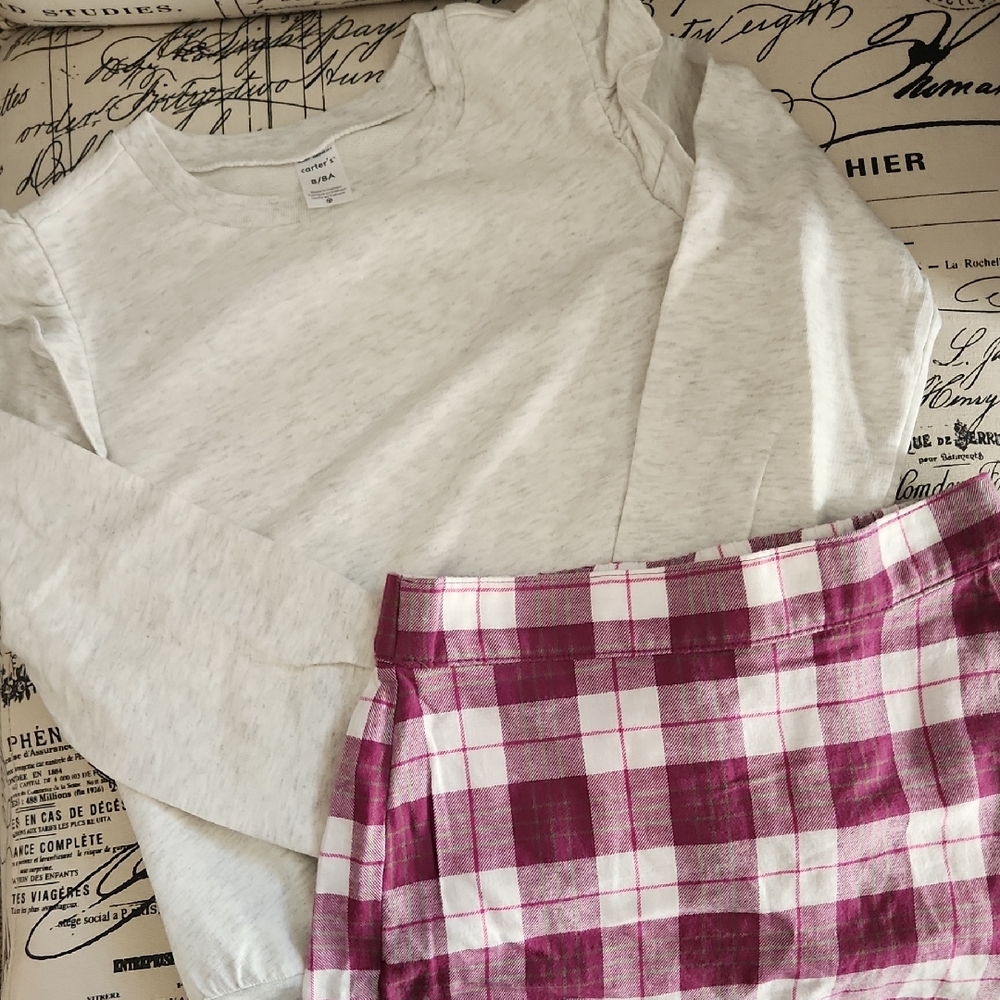 Heathered Gray Long Sleeve Top and Pink Plaid Skirt Set